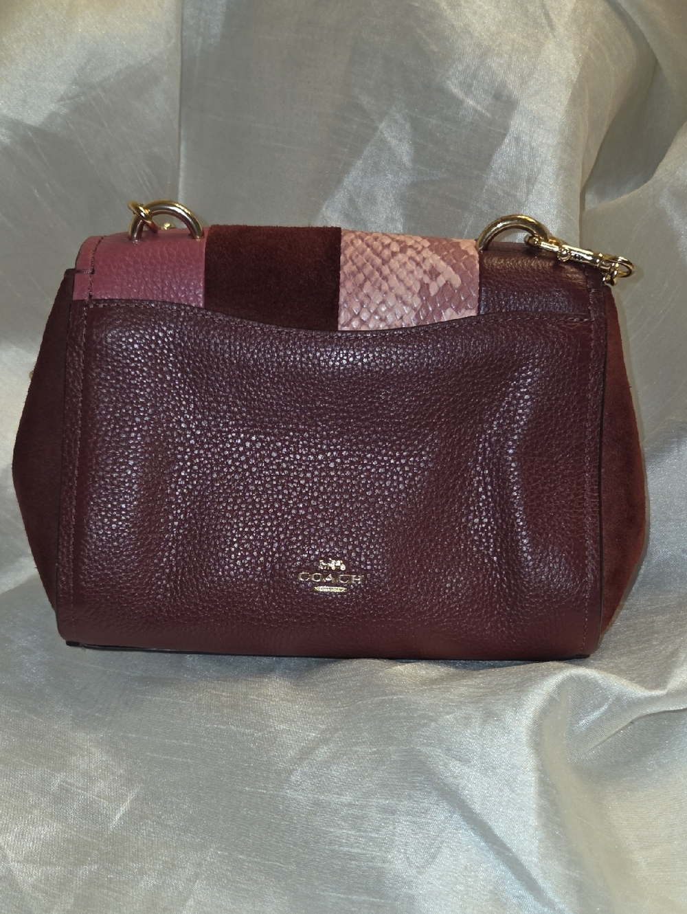 Coach Colorblock Leather Shoulder Bag in Burgundy and Pink Accents